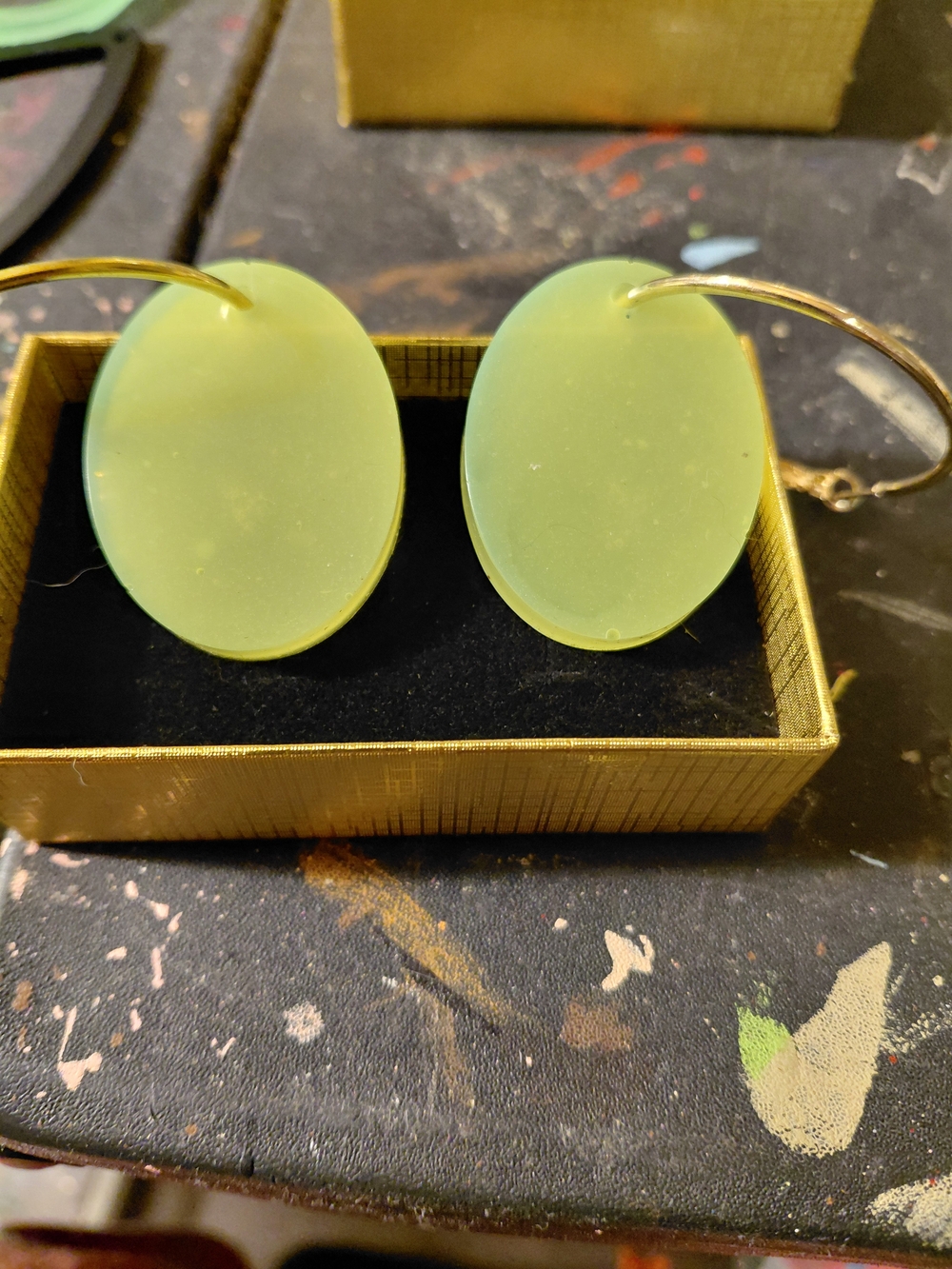 Gold Hoop Earrings with Lime Green Oval Drops